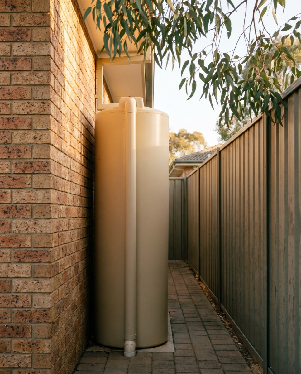 Beige slimline rainwater tank installed along the side of a brick veneer Canberra home
