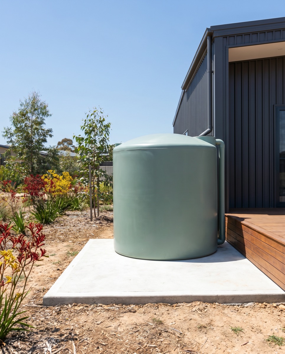 Round mist-green poly rainwater tank on a concrete slab at a new-build Canberra home