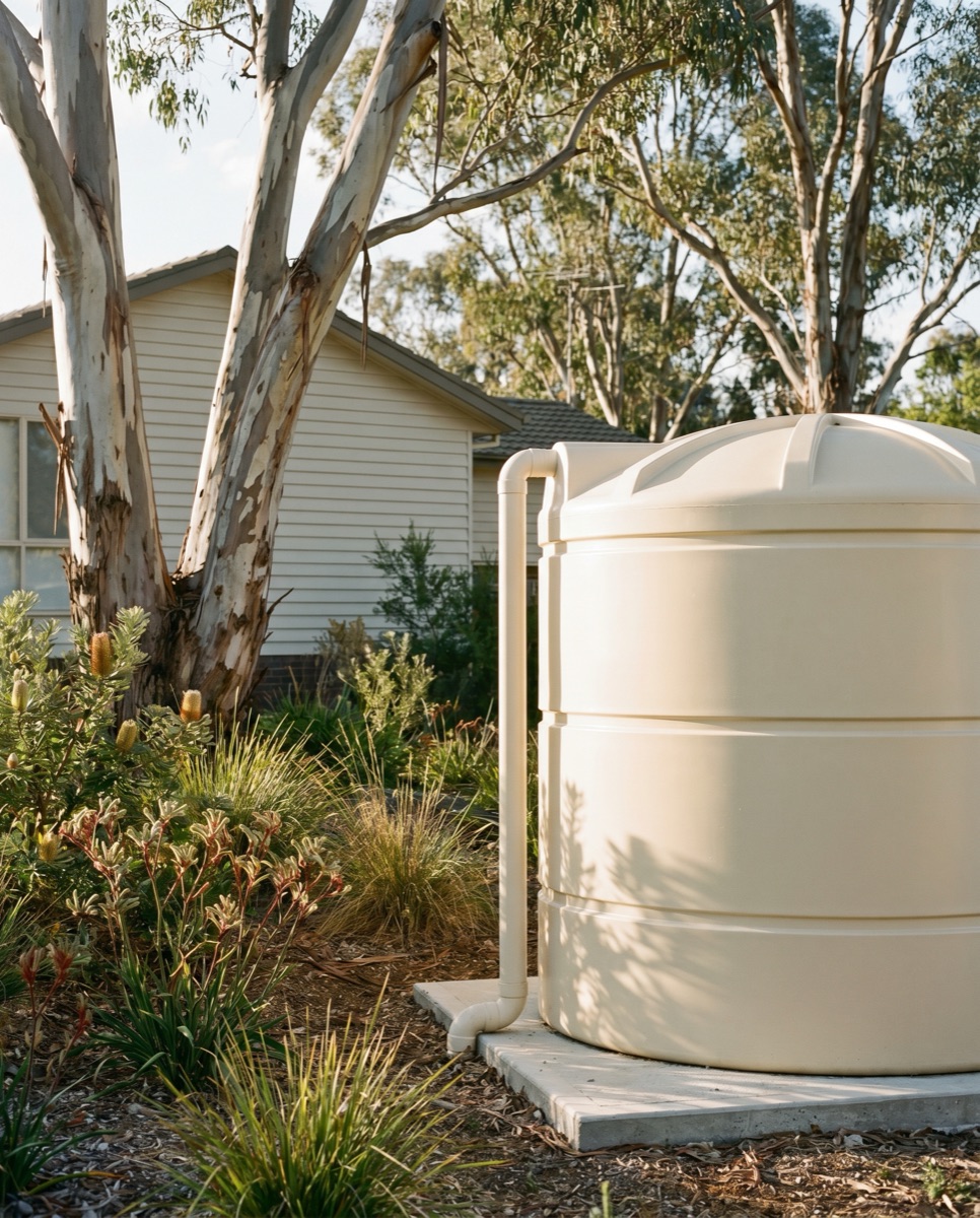 Cream poly replacement rainwater tank in an established Canberra suburban backyard