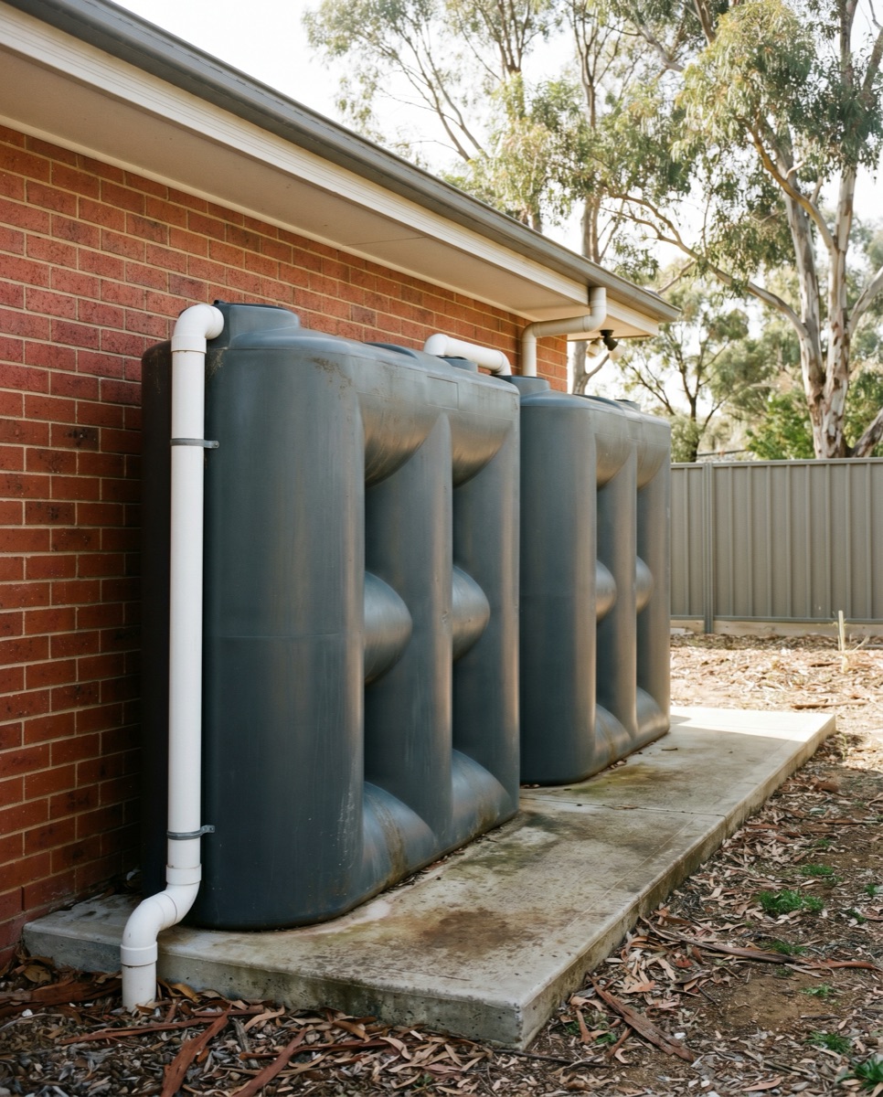 Twin charcoal-grey poly rainwater tanks side by side beside a brick Canberra home