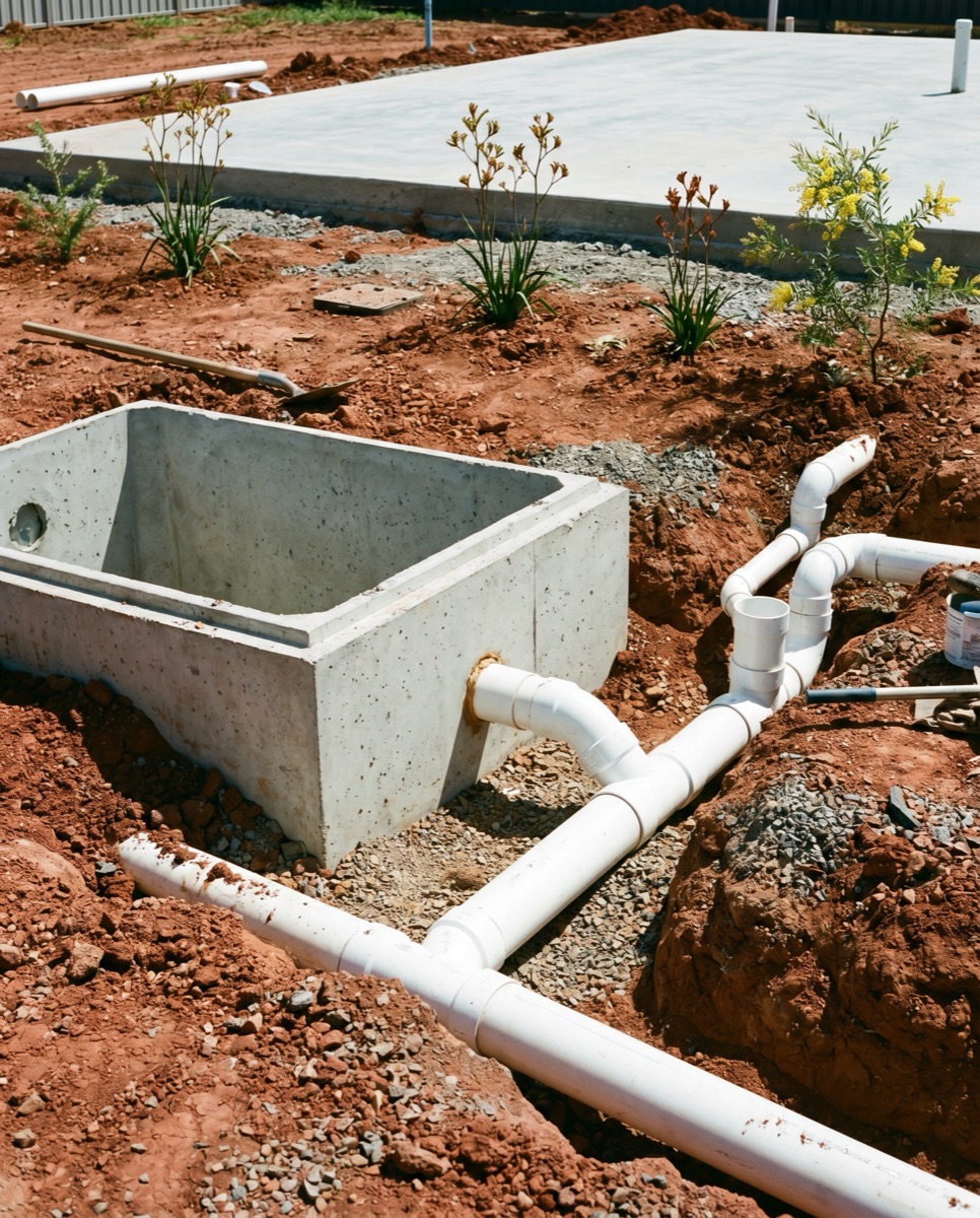 Concrete on-site detention pit and PVC stormwater pipework at a Canberra new-build site