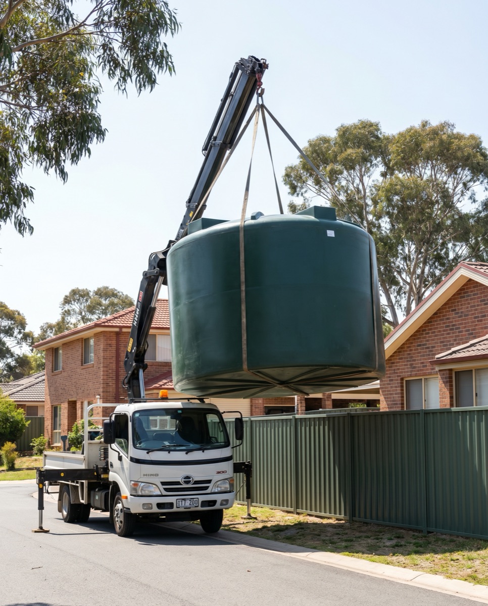 Small crane truck lifting a dark-green poly rainwater tank into a Canberra suburban backyard