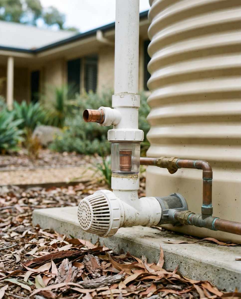 First-flush diverter and inlet screening fitted to the downpipe of a beige rainwater tank