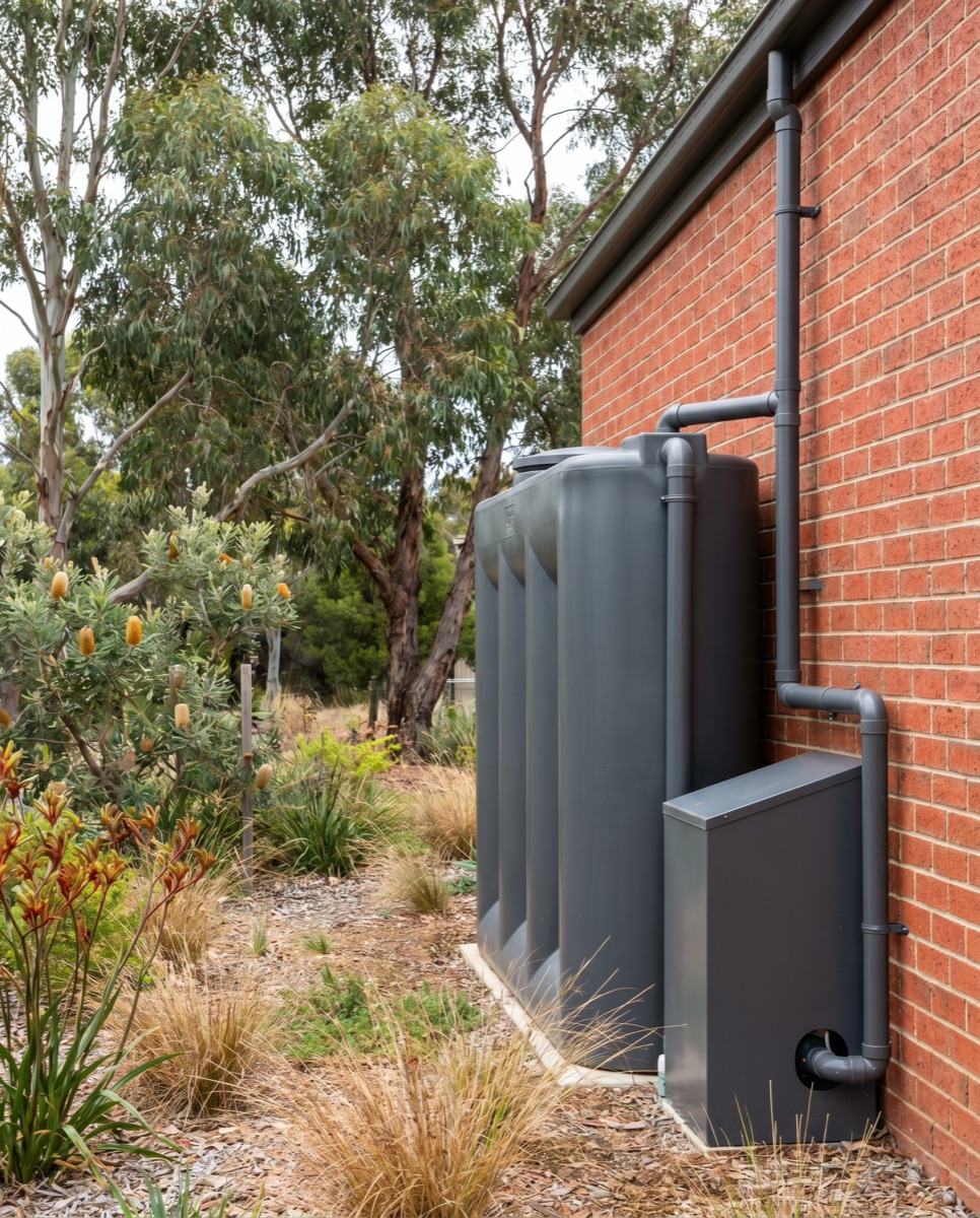 Pump shroud and pipework fitted at the base of a charcoal-grey poly rainwater tank